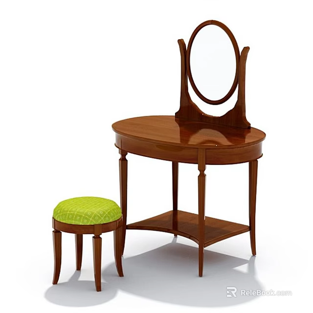 Wooden Dressing Table with Round Mirror and Oval Top Accompanied by Green Cushioned Stool 3d model 