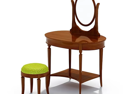 Wooden Dressing Table with Round Mirror and Oval Top Accompanied by Green Cushioned Stool 3d model