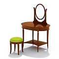 Wooden Dressing Table with Round Mirror and Oval Top Accompanied by Green Cushioned Stool