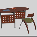 Oval Brown Dining Table with Blue Book Red Fruit Bowl Perforated Panel Beside Green Chair