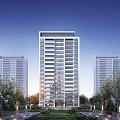 Modern High Rise Residential Building With Greenery Lit Pathways And Towers