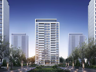 Modern High Rise Residential Building With Greenery Lit Pathways And Towers 3d model