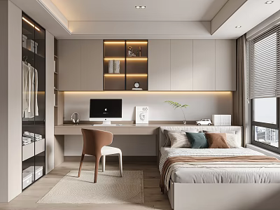 Modern Tatami Bedroom Interior With Desk Computer Bookshelf Storage Cabinets and Window Blinds 3d model