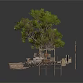 Rustic Outdoor Wooden Scene Design With Tree Fences Pavilion And Planks