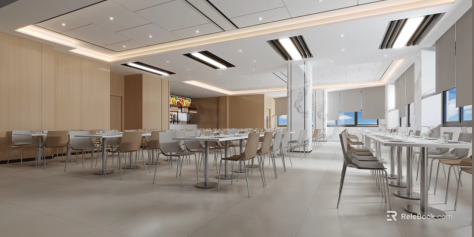 Modern Dining Hall Interior With Tables Chairs And Linear Ceiling Lights 3d model 