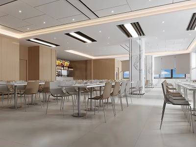 Modern Dining Hall Interior With Tables Chairs And Linear Ceiling Lights 3d model