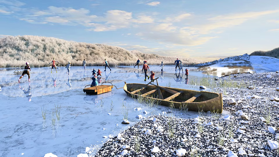 People Ice Skating On Frozen Lake With Boats Near Snowy Hills And Blue Sky 3d model 
