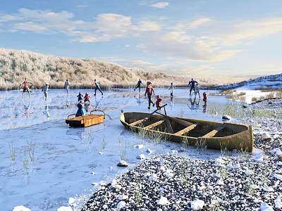 People Ice Skating On Frozen Lake With Boats Near Snowy Hills And Blue Sky 3d model