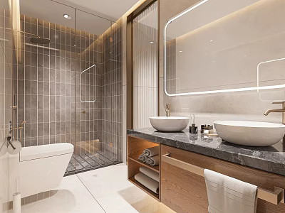 Sleek Modern Bathroom Interior With Double Sinks Illuminated Mirror And Tiled Shower 3d model