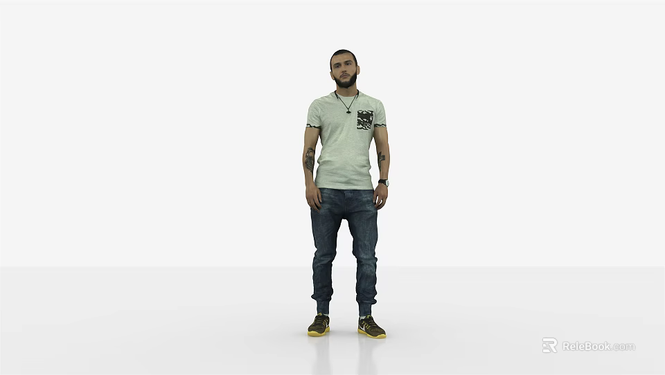 Casual Man In Light Green T-shirt And Jeans With Tattoos Standing On White Background 3d model 