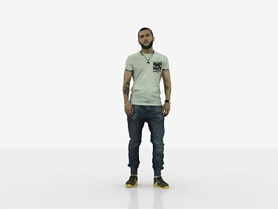 Casual Man In Light Green T-shirt And Jeans With Tattoos Standing On White Background 3d model