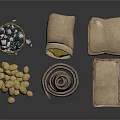 Organic Food Ingredients Beans Grains And Nuts In Woven Bowls Burlap Bags