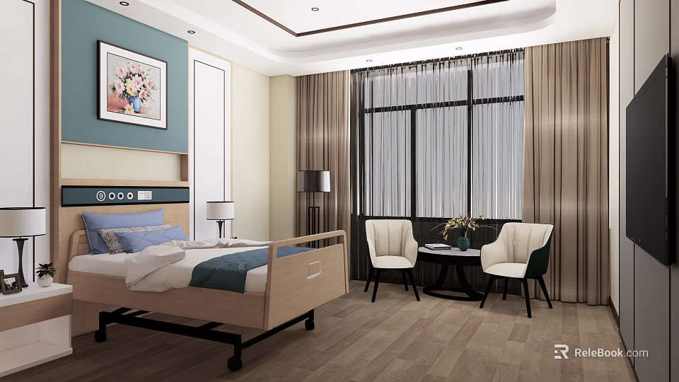 Elegant Bedroom Interior With Wooden Bed Blue Bedding Chairs Side Table And Curtains 3d model 