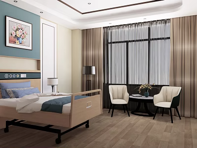 Elegant Bedroom Interior With Wooden Bed Blue Bedding Chairs Side Table And Curtains 3d model