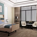 Elegant Bedroom Interior With Wooden Bed Blue Bedding Chairs Side Table And Curtains