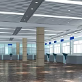 Spacious Modern Service Hall Interior With Counters Seats Windows And Lighting 3d model