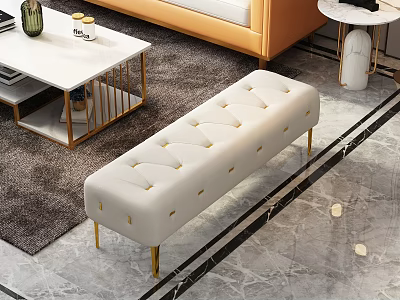 Elegant Modern White Upholstered Sofa Bench With Button Tufted Design And Gold Metal Legs 3d model