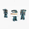 Three Blue Armored Robot Figurines In Different Poses On White Background 3d model