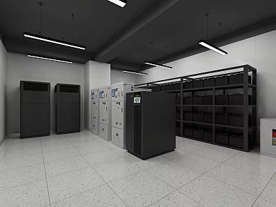 Modern Monitoring Room Interior With Equipment Cabinets Servers Shelves And Ceiling Lights 3d model