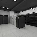 Modern Monitoring Room Interior With Equipment Cabinets Servers Shelves And Ceiling Lights