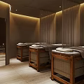 Serene Massage Room with Wooden Framed Beds White Towels Beige Walls and Soft Lighting