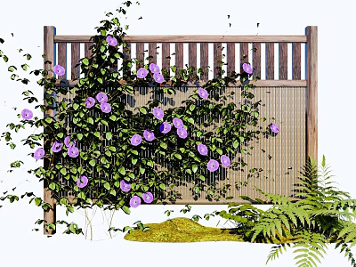 Lush Garden Landscape With Wooden Fence Purple Flowers Vines Ferns And Moss 3d model