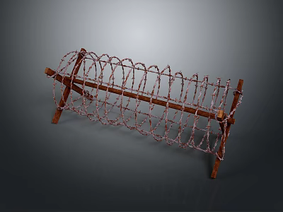 Barbed Wire Military Defense Weapon With Wooden Frame And Coiled Structure 3d model