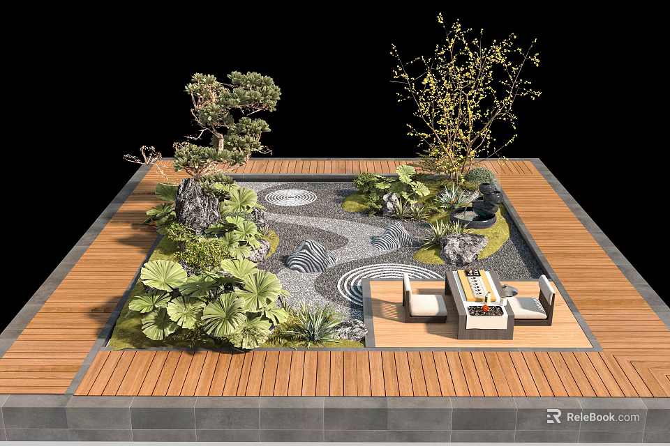 Serene Roof Garden Landscape With Wooden Deck Stone Path Pine Tree And Outdoor Seating 3d model 