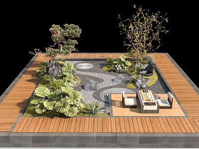 Serene Roof Garden Landscape With Wooden Deck Stone Path Pine Tree And Outdoor Seating 3d model