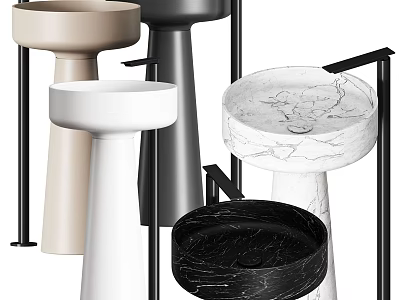 Multiple Modern Washbasins In Various Colors With Marble Texture And Pedestal Stands 3d model