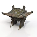 Ancient Chinese Pavilion With Traditional Tiled Roof And Curved Eaves Wooden Structure