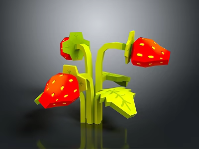 3D Model Red Strawberries With Green Leaves Against Black Background 3d model