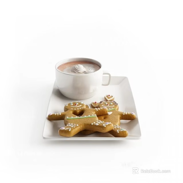 Delicious Hot Chocolate With Whipped Cream And Gingerbread Men On White Plate 3d model 