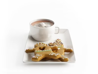 Delicious Hot Chocolate With Whipped Cream And Gingerbread Men On White Plate 3d model