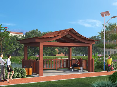 Wooden Pavilion With Red Roof In Park Area With Green Plants And People 3d model