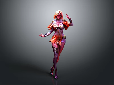 Animated Female Character With Orange Hair Elaborate Purple Outfit In Dynamic Pose 3d model