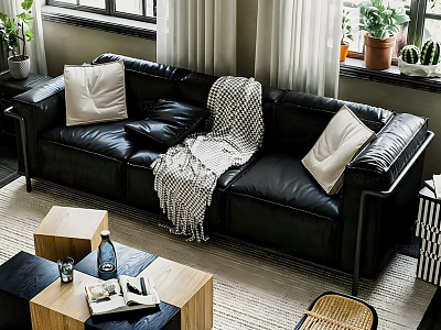 Black Leather Multi Person Sofa With Pillows And Knitted Blanket In Bright Living Room 3d model
