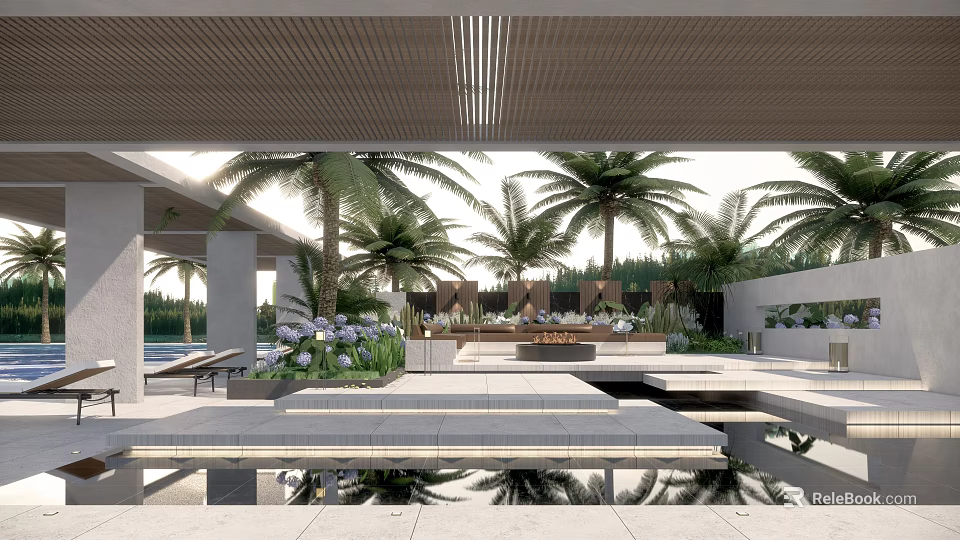 Modern Hotel Building Exterior Featuring Outdoor Pool Palm Trees And Terrace Lounge Space 3d model 