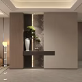 Modern Entryway Interior Design With Wooden Accents Marble Backdrop Green Plant And Storage Cabinets