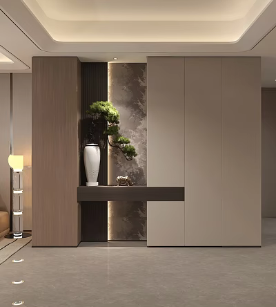 Modern Entryway Interior Design With Wooden Accents Marble Backdrop Green Plant And Storage Cabinets 3d model