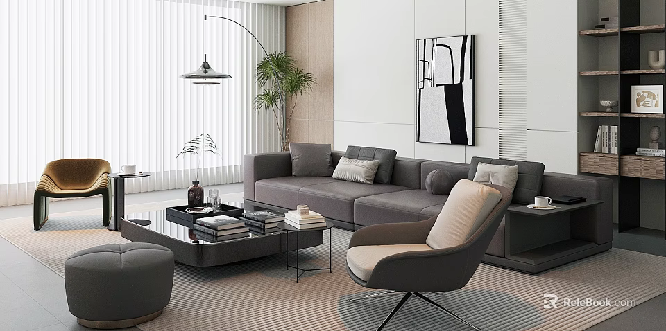 Modern Living Room Interior With Gray Sofa Armchair Coffee Table Floor Lamp Plant And Decorative Painting 3d model 