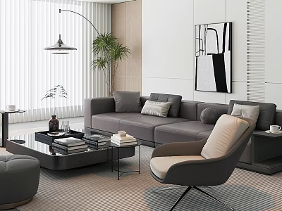 Modern Living Room Interior With Gray Sofa Armchair Coffee Table Floor Lamp Plant And Decorative Painting 3d model