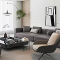 Modern Living Room Interior With Gray Sofa Armchair Coffee Table Floor Lamp Plant And Decorative Painting