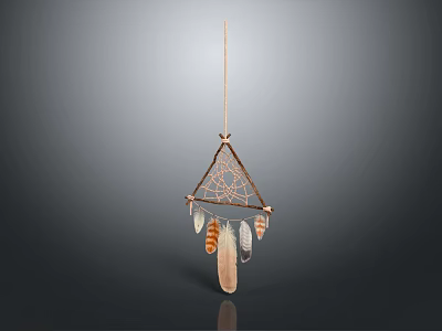 Triangular Dreamcatcher Pendant With Metallic Frame And Dangling Feather Decorations 3d model