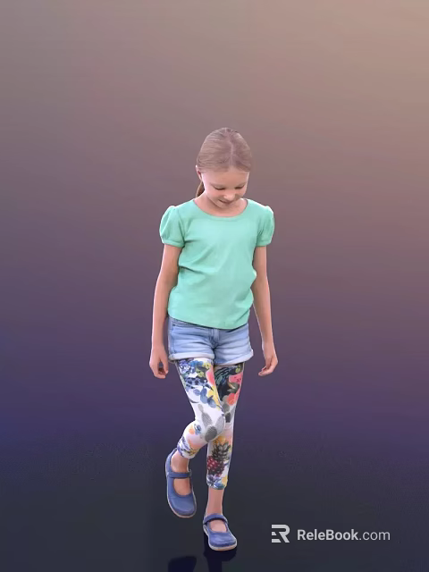 Girl In Light Green Top Blue Denim Shorts And Colorful Floral Leggings On Gradient Background 3d model 