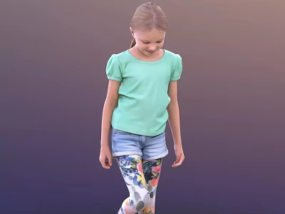 Girl In Light Green Top Blue Denim Shorts And Colorful Floral Leggings On Gradient Background 3d model