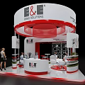 E&E Cable Solutions Circular White And Red Exhibition Booth With Display Counters And People Around 3d model