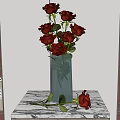 Decorative Ornament Combination with Red Roses in Transparent Vase on Marble Tabletop