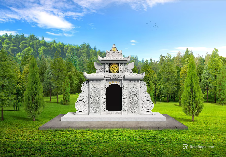 White Stone Carved Garden Ornament Surrounded By Green Lawn And Trees Under Blue Sky 3d model 