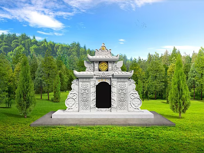 White Stone Carved Garden Ornament Surrounded By Green Lawn And Trees Under Blue Sky 3d model
